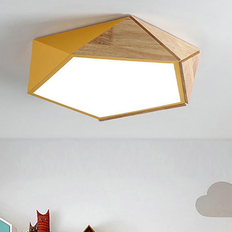 Macron Style Pentagon Study Room Ceiling Lamp in Green/Pink/Yellow - Acrylic & Wood, LED Ceiling Mount Light - 16.5"/20.5" Wide