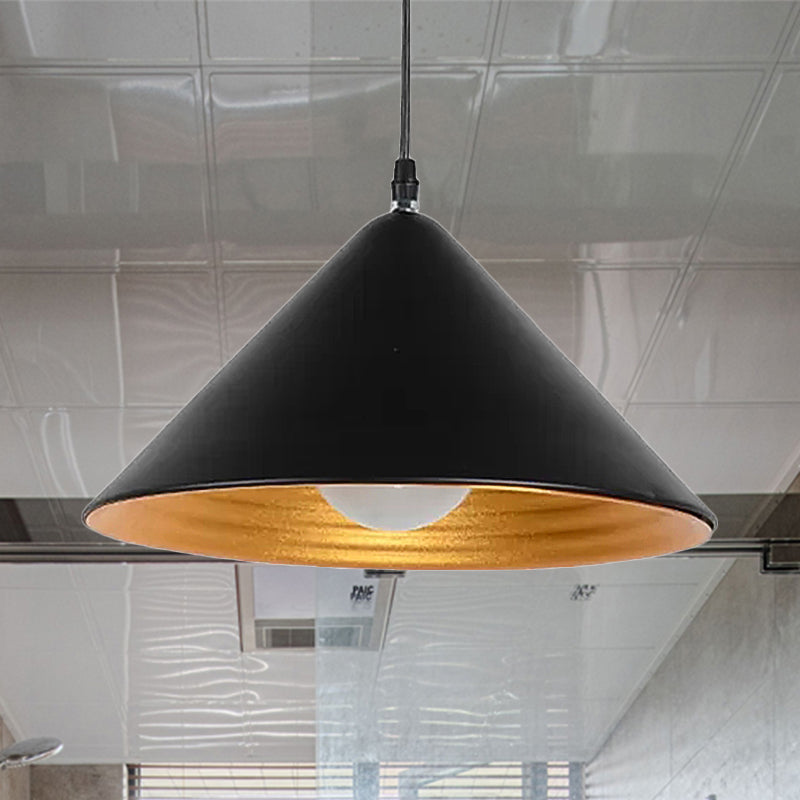 Plafonnier contemporain en métal avec abat-jour conique et ondulations dorées à l'intérieur - Nombreuses options - Suspension élégante pour salles à manger (noir/blanc)
