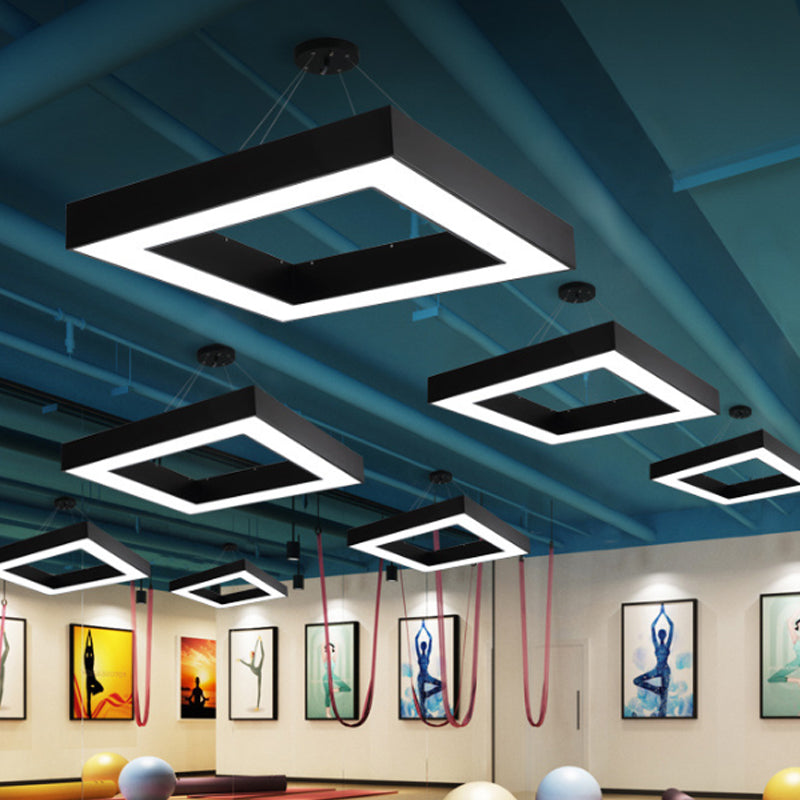 Square Metal Pendant Lighting - Modern LED Black Hanging Lamp Kit in White/Warm Light for Office - 23.5"/31.5" Wide