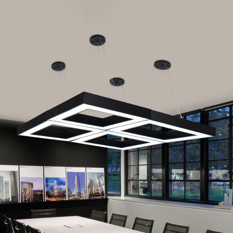 Square Metal Pendant Lighting - Modern LED Black Hanging Lamp Kit in White/Warm Light for Office - 23.5"/31.5" Wide