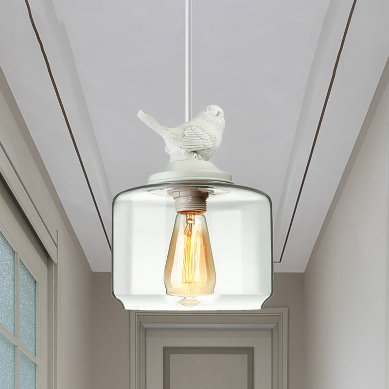 Modernist 5-Light Clear Glass Pendant with Bird Design - Cylindrical Shape