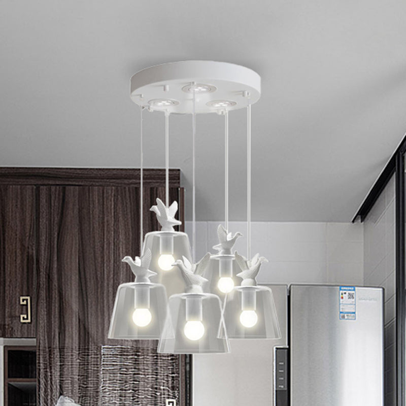 Modernist 5-Light Clear Glass Pendant with Bird Design - Cylindrical Shape