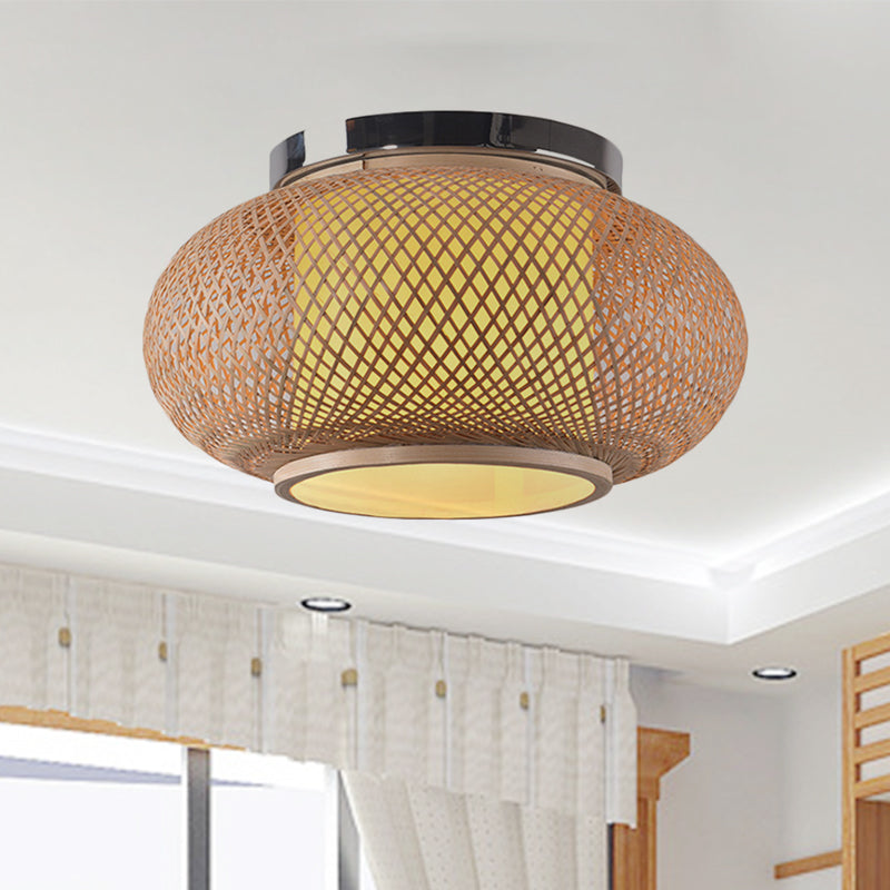 Plafonnier à abat-jour lanterne jaune - Style contemporain - 16"/19,5" de diamètre - 1 tête - Plafonnier en bambou pour salon