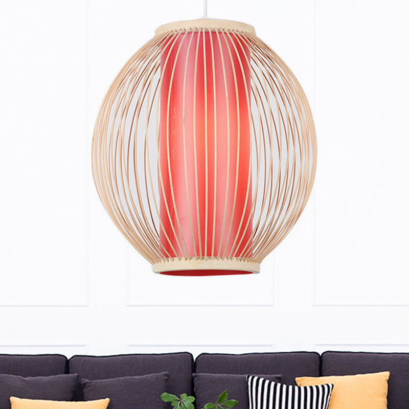 Luminaire suspendu en bambou avec suspension de style chinois - Lampe de cuisine Global à 1 lumière, abat-jour cylindrique rouge intérieur