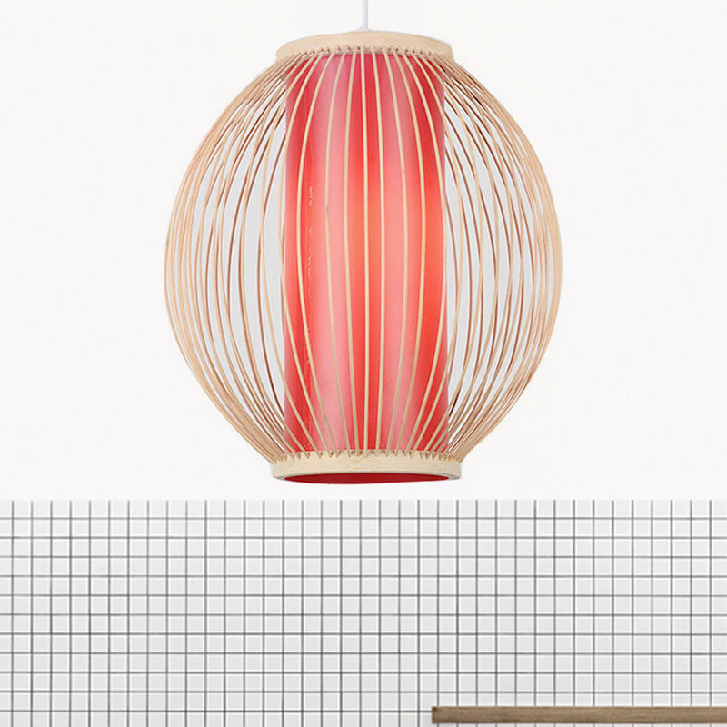 Luminaire suspendu en bambou avec suspension de style chinois - Lampe de cuisine Global à 1 lumière, abat-jour cylindrique rouge intérieur