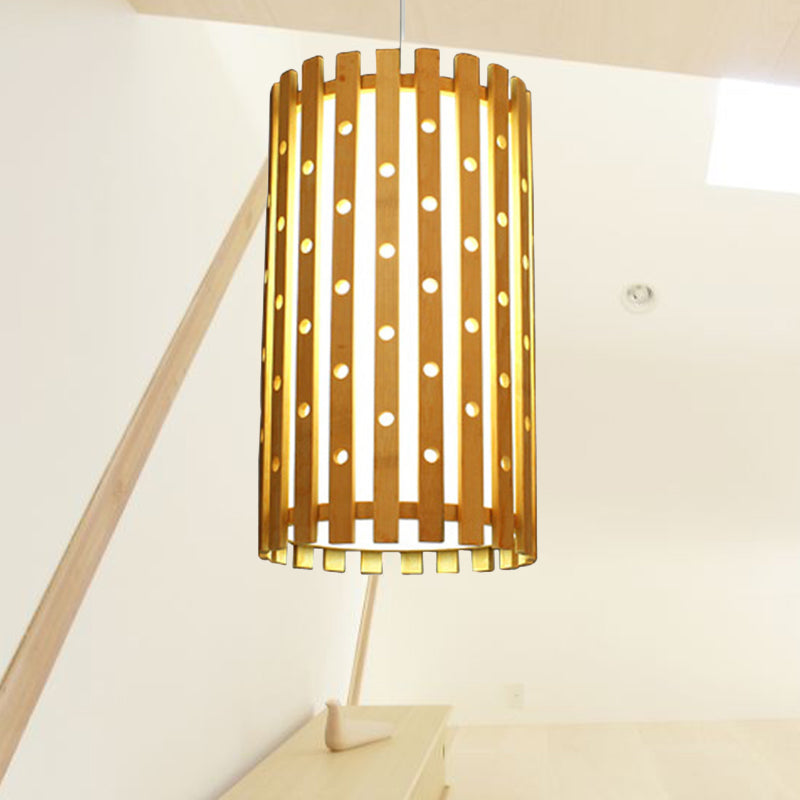 Plafonnier cylindrique en bambou creux : lampe suspendue beige moderne pour salon, ampoule unique