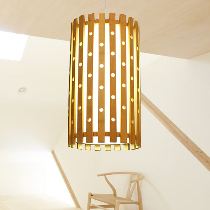 Plafonnier cylindrique en bambou creux : lampe suspendue beige moderne pour salon, ampoule unique