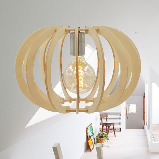 Modern Round Wood Drum Pendant Light for Restaurant - Beige