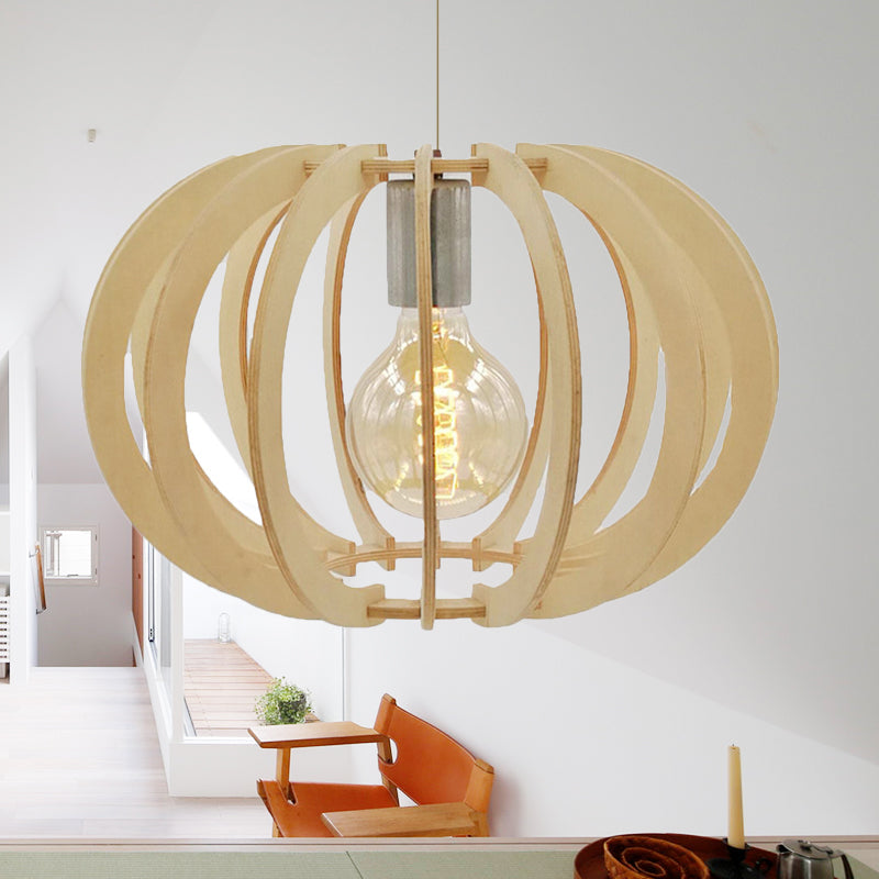 Modern Round Wood Drum Pendant Light for Restaurant - Beige