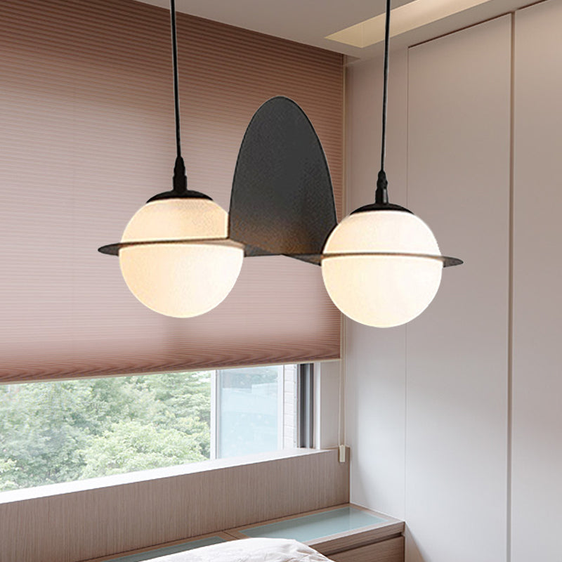 Modernist Ball White Glass Cluster Pendant Light - Straight/Curved Design 2/3 Lights Black Led