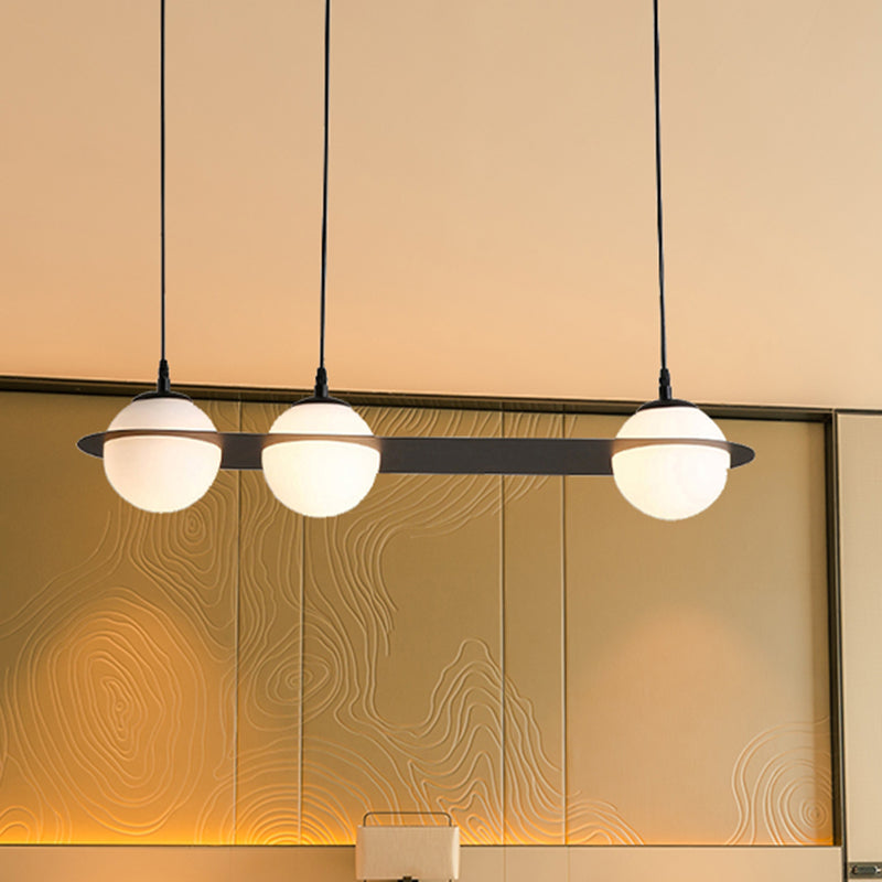 Modernist Ball White Glass Cluster Pendant Light - Straight/Curved Design 2/3 Lights Black Led
