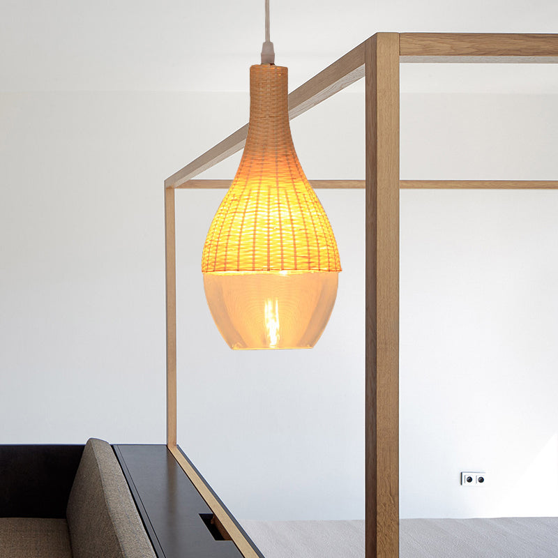 Lampe suspendue moderne en bambou - 6"/10" de large, en forme de larme/d'oignon, une seule lumière, lampe à suspension jaune avec abat-jour en verre transparent