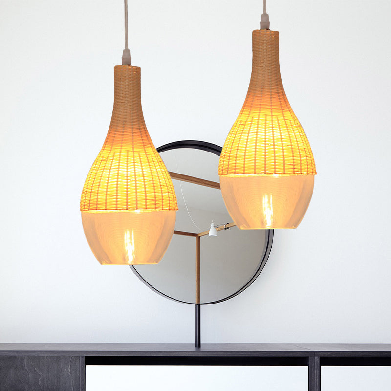 Lampe suspendue moderne en bambou - 6"/10" de large, en forme de larme/d'oignon, une seule lumière, lampe à suspension jaune avec abat-jour en verre transparent