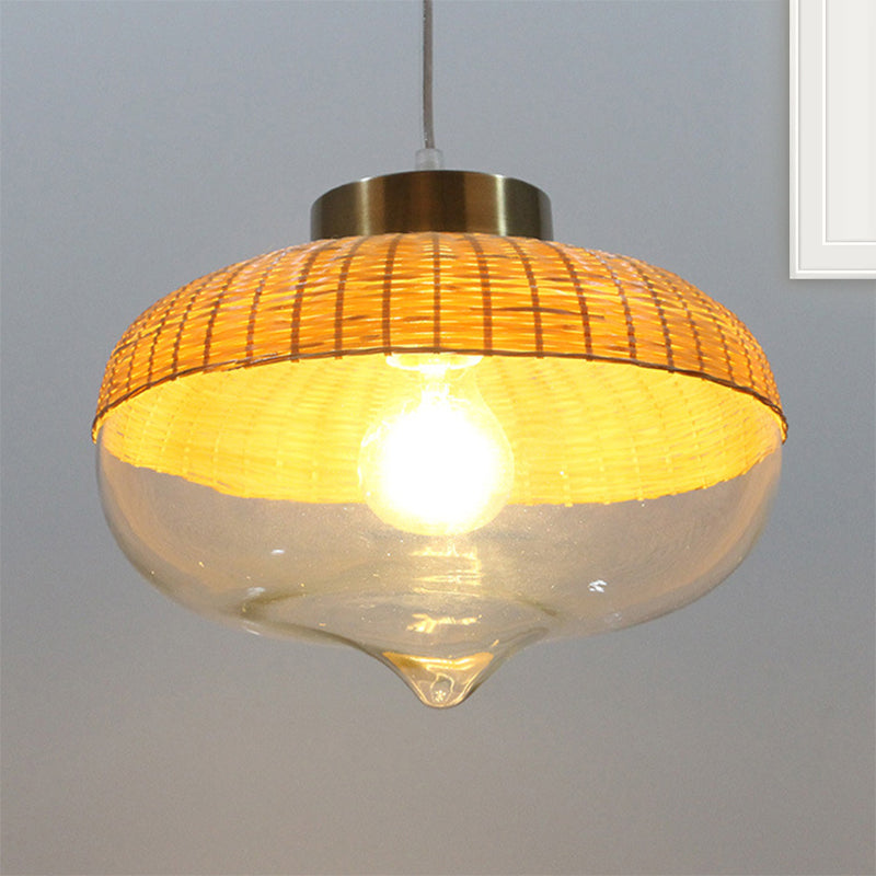 Lampe suspendue moderne en bambou - 6"/10" de large, en forme de larme/d'oignon, une seule lumière, lampe à suspension jaune avec abat-jour en verre transparent