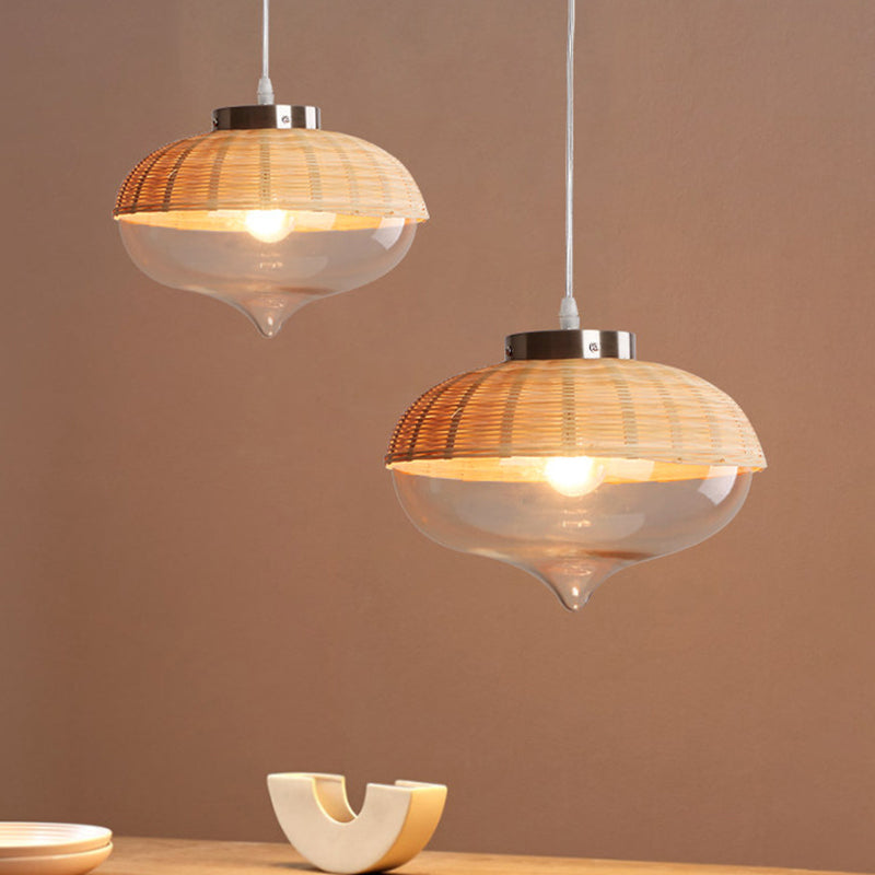 Lampe suspendue moderne en bambou - 6"/10" de large, en forme de larme/d'oignon, une seule lumière, lampe à suspension jaune avec abat-jour en verre transparent