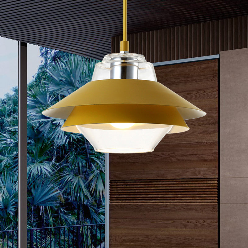 Macaron Stylish Flared Pendant Light: Gray/Yellow | Metal Lamp With Clear Glass Shade