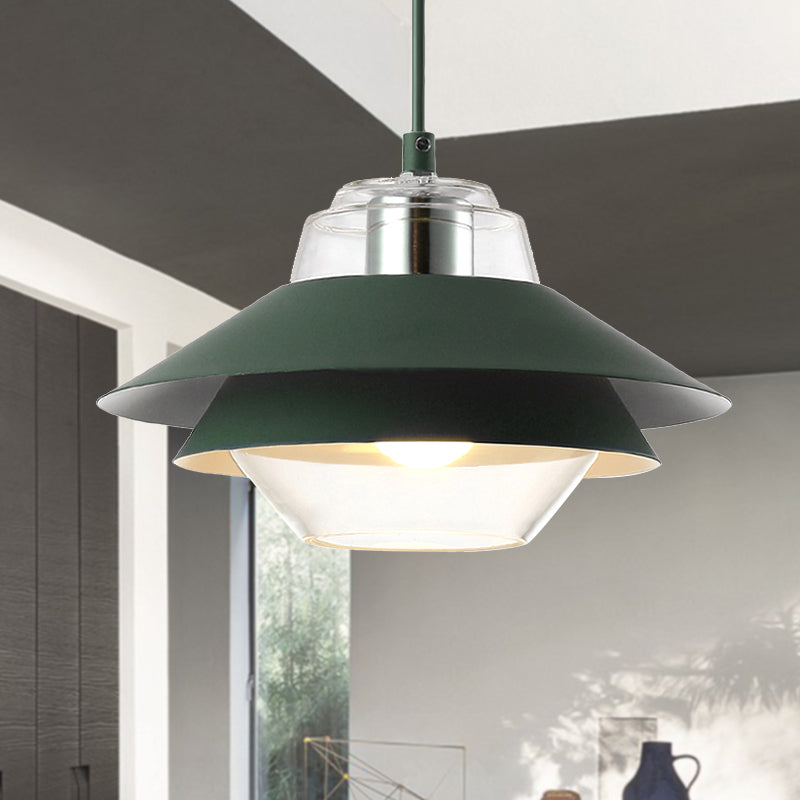 Macaron Stylish Flared Pendant Light: Gray/Yellow | Metal Lamp With Clear Glass Shade Green