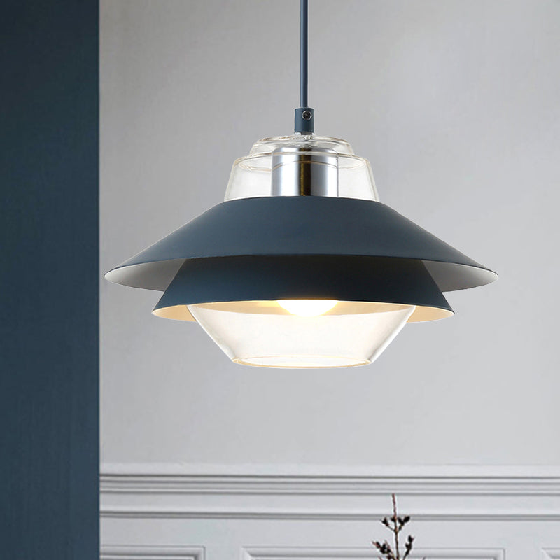 Macaron Stylish Flared Pendant Light: Gray/Yellow | Metal Lamp With Clear Glass Shade Blue