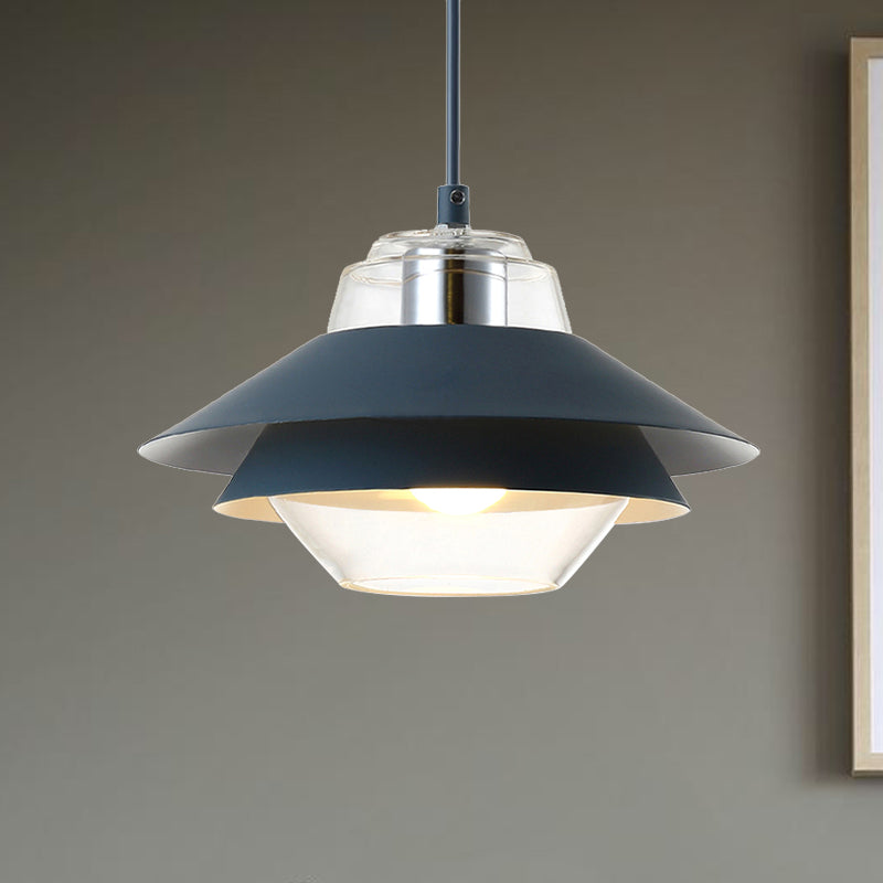 Macaron Stylish Flared Pendant Light: Gray/Yellow | Metal Lamp With Clear Glass Shade