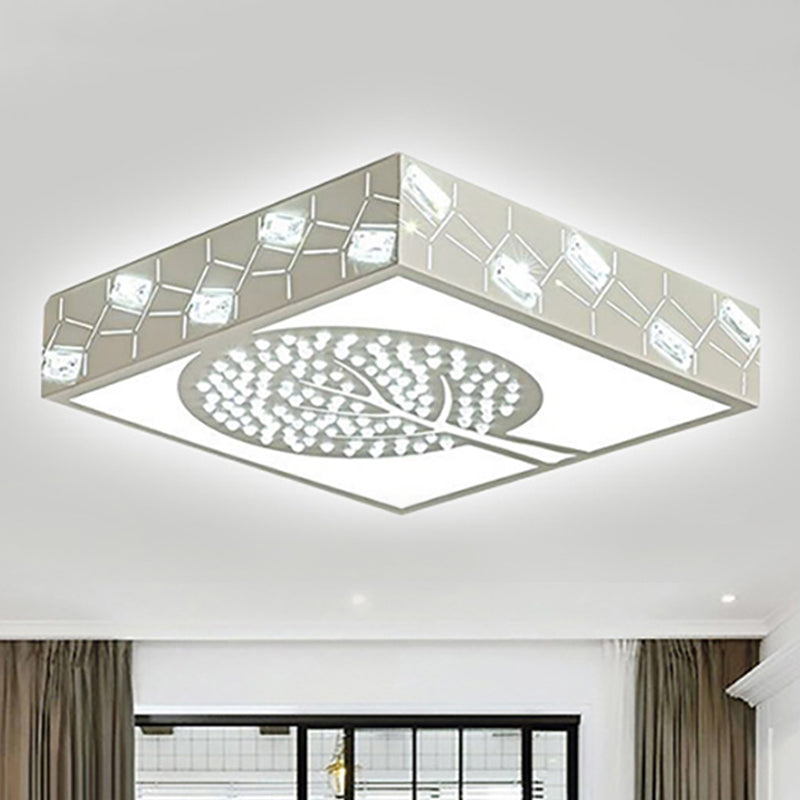 Nordic Metal LED Bedroom Ceiling Lamp - Square Box Flush Mount with Crystal Bead & Tree Pattern, White/Warm Light