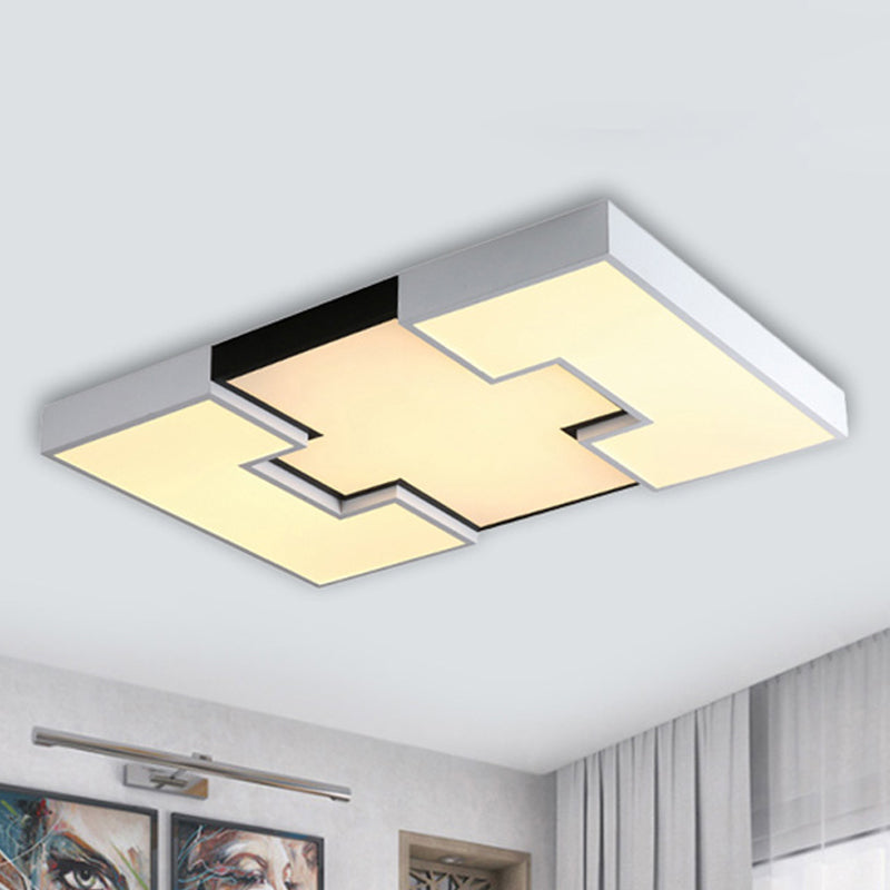 Modern LED Rectangular Metal and Acrylic Flush Ceiling Light in White with Recess Design