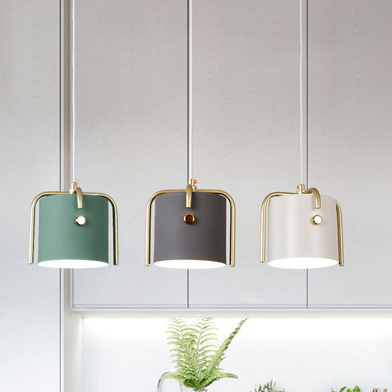 Stylish Macaron Hanging Light - 1 Light with Metallic Shade - Gray/White Barrel Suspension Lamp - Ideal for Dining Room
