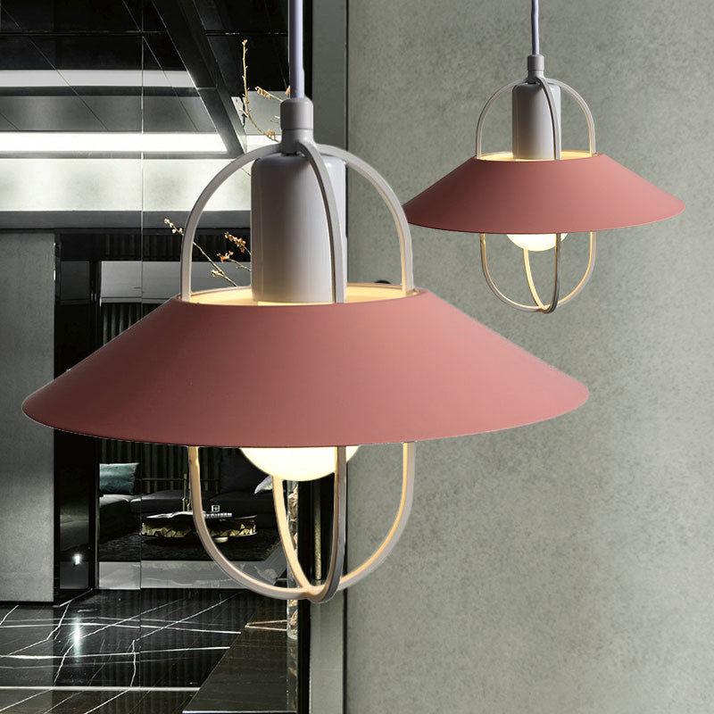 Contemporary Hanging Light with Metal Shade - 1 Light - Black/Pink/White Lantern Suspension