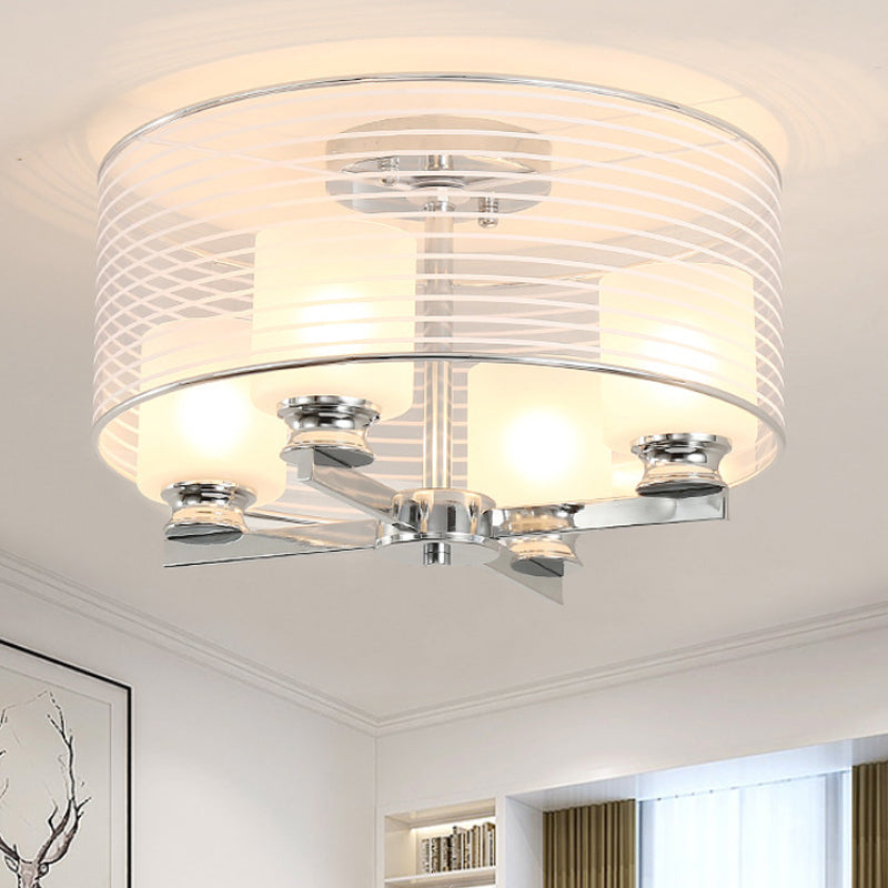 Plafonnier semi-encastré contemporain en verre blanc - 4 lumières, luminaire chromé avec abat-jour en verre à bande