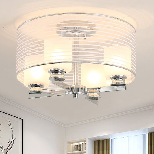 Contemporary White Glass Semi Flush Mount Ceiling Lamp - 4 Lights, Chrome Fixture with Band Glass Shade