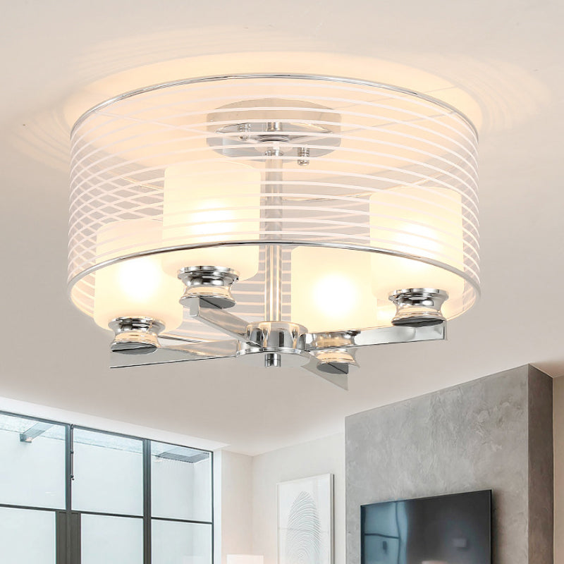 Plafonnier semi-encastré contemporain en verre blanc - 4 lumières, luminaire chromé avec abat-jour en verre à bande