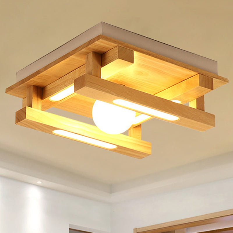 Modern Square Wood Flush Mount Lamp with LED Lights - Brown Flush Mount Ceiling Light Fixture with White Glass Ball Shade in White/Warm Light
