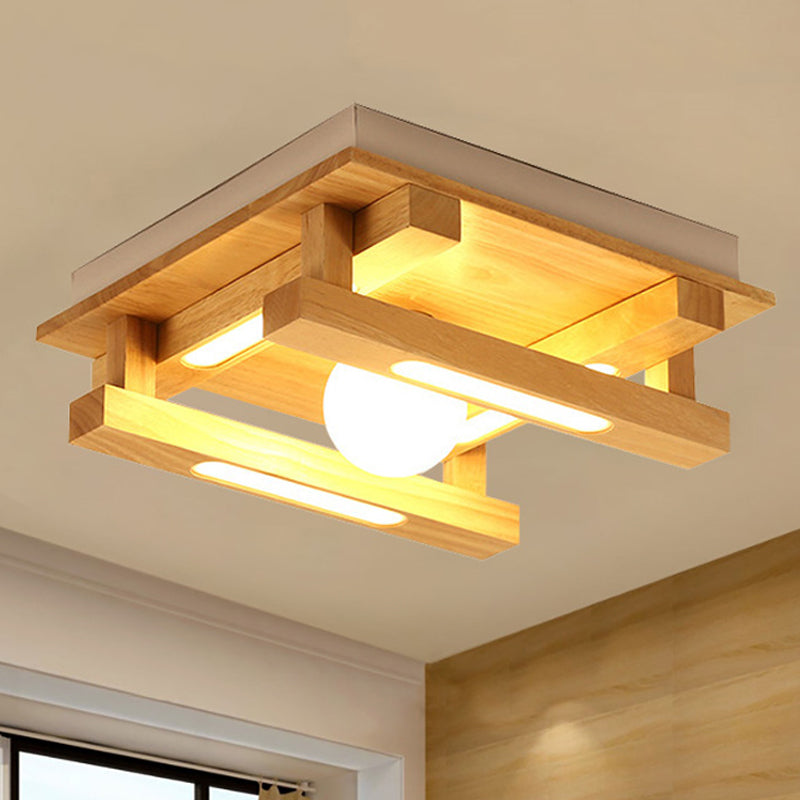 Modern Square Wood Flush Mount Lamp with LED Lights - Brown Flush Mount Ceiling Light Fixture with White Glass Ball Shade in White/Warm Light