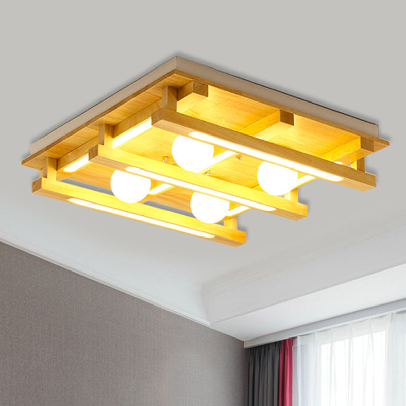 Modern Square Wood Flush Mount Lamp with LED Lights - Brown Flush Mount Ceiling Light Fixture with White Glass Ball Shade in White/Warm Light