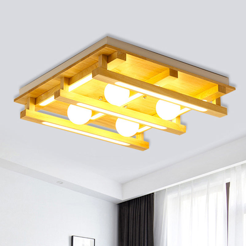 Modern Square Wood Flush Mount Lamp with LED Lights - Brown Flush Mount Ceiling Light Fixture with White Glass Ball Shade in White/Warm Light