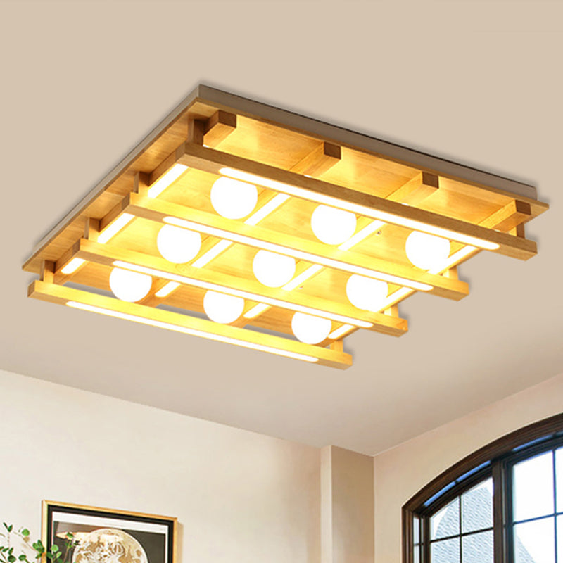 Modern Square Wood Flush Mount Lamp with LED Lights - Brown Flush Mount Ceiling Light Fixture with White Glass Ball Shade in White/Warm Light