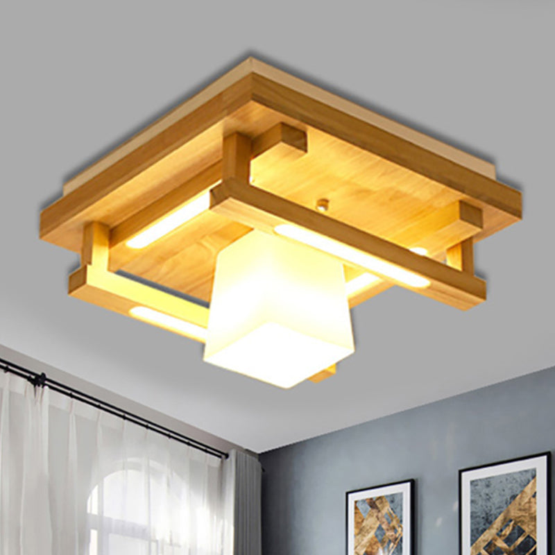 Modernist Wood Square Flush Mount Lighting with 1/4/9 Brown LED Lights and White Glass Cubic Shade in White/Warm Light