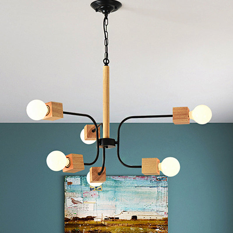 Lustre suspendu à bras courbés moderniste : lampe suspendue en bois à plusieurs lumières blanche/noire avec chaîne