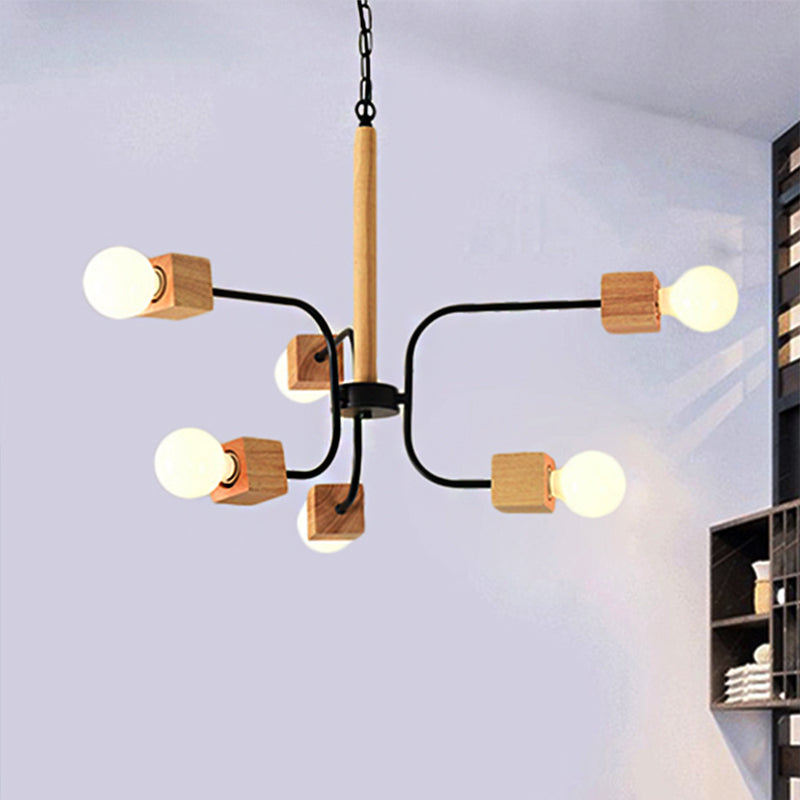 Lustre suspendu à bras courbés moderniste : lampe suspendue en bois à plusieurs lumières blanche/noire avec chaîne