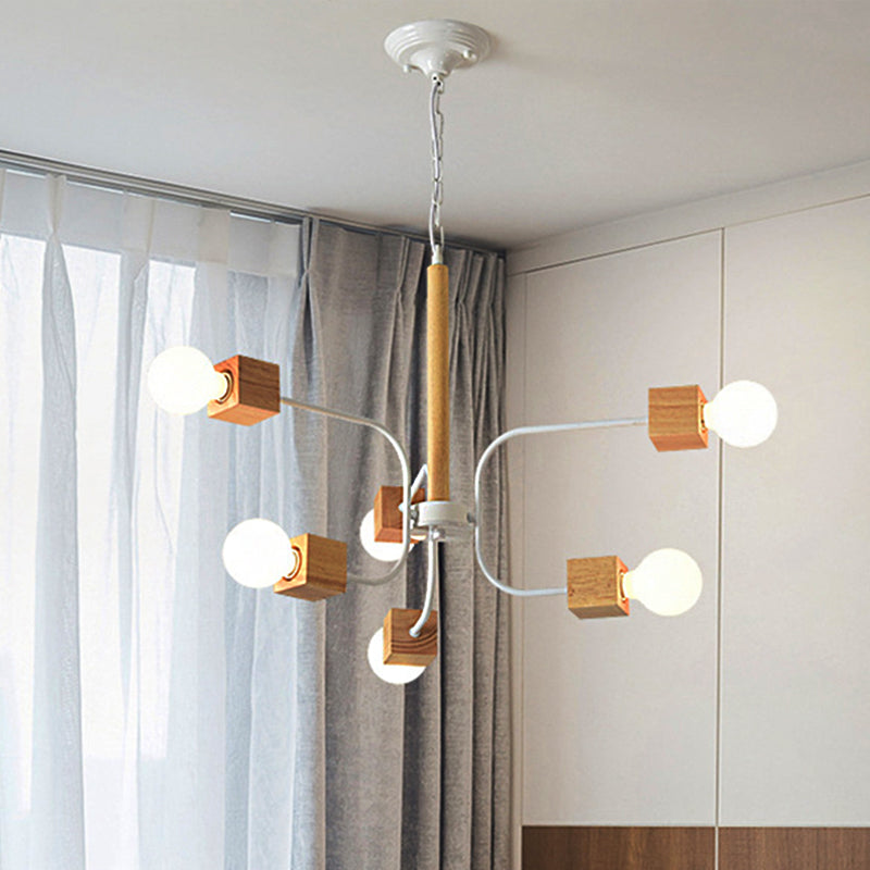 Lustre suspendu à bras courbés moderniste : lampe suspendue en bois à plusieurs lumières blanche/noire avec chaîne