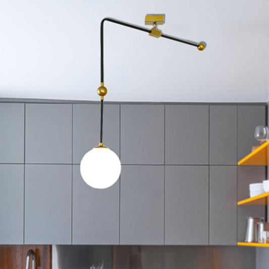 Modern White Glass Global Pendant Light with Adjustable Metal Rod - 1 Head Black Lamp