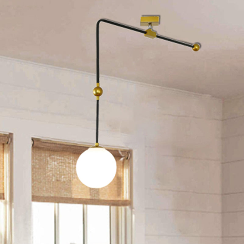 Modern White Glass Global Pendant Light with Adjustable Metal Rod - 1 Head Black Lamp