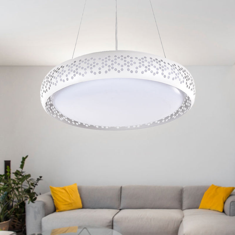 Modern Black/White Drum Hanging Pendant Light, 1 Head Metal Fixture in Warm/White/Natural Light, 19"/23" Wide