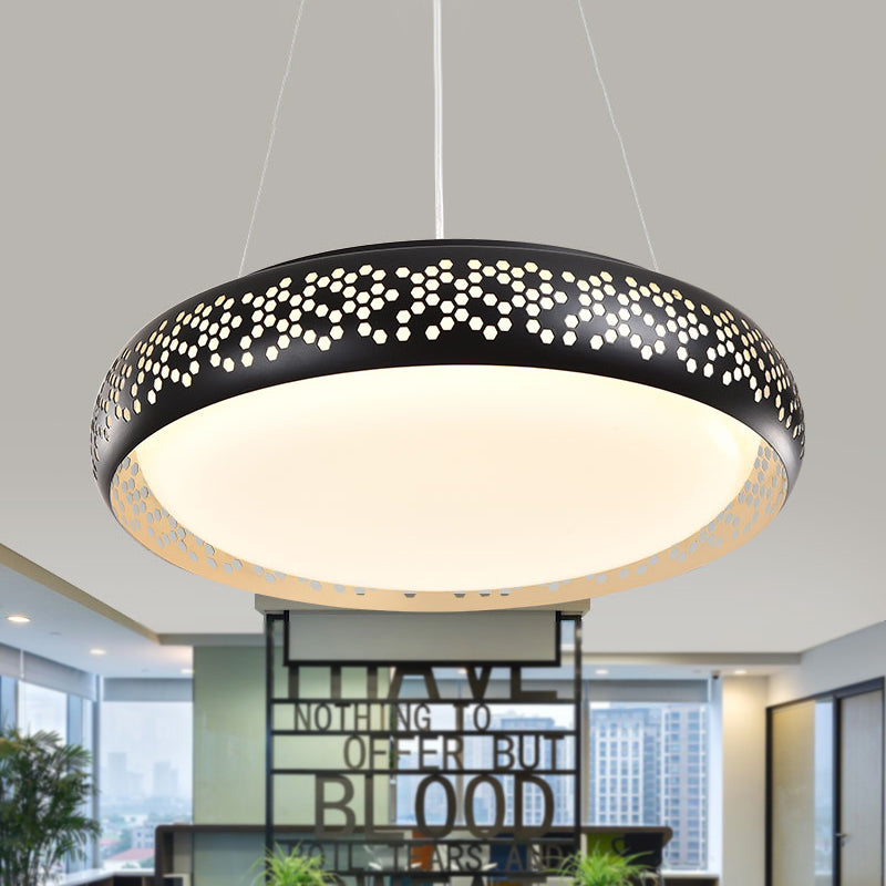 Modern Black/White Drum Hanging Pendant Light, 1 Head Metal Fixture in Warm/White/Natural Light, 19"/23" Wide