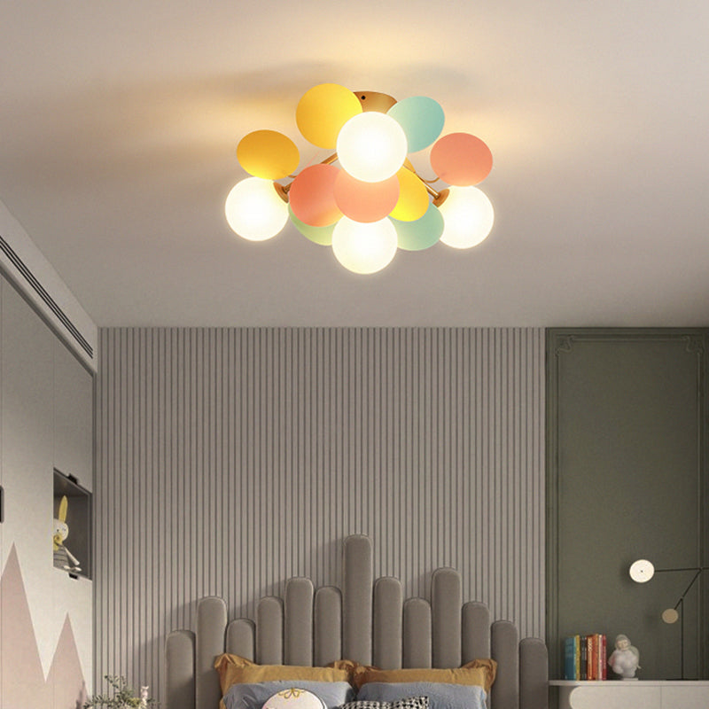 White Glass Semi Flush Circle Chandelier for Children's Room - Creative Ceiling Light Fixture
