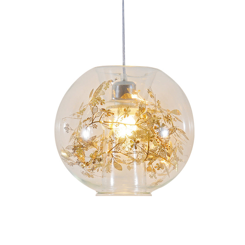 Minimalist Glass Pendant Light With Scattered Flower Deco - Global Design 1 Bulb Ceiling Suspension