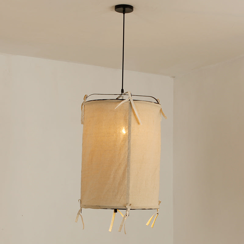 Japanese Style Pendant Light - Cylindrical Design Beige Fabric 1-Bulb Perfect For Restaurants / 18