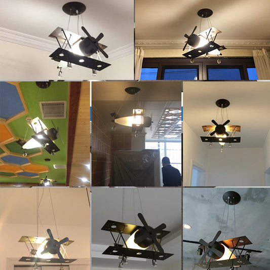 Black Biplane Hanging Lamp - Childrens Frosted White Glass Pendant Light For Bedroom