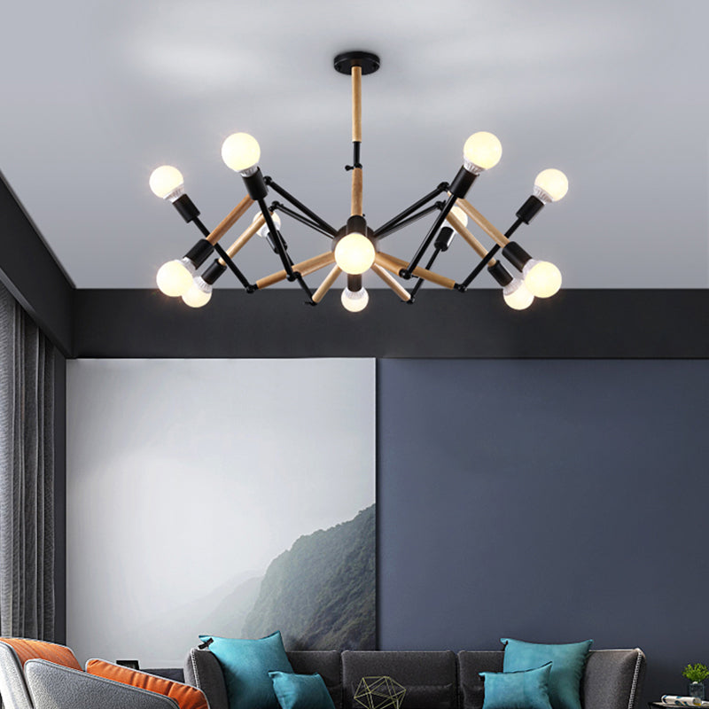 Lustre moderne en forme d'araignée avec des accents noirs et en bois pour les salons de style loft