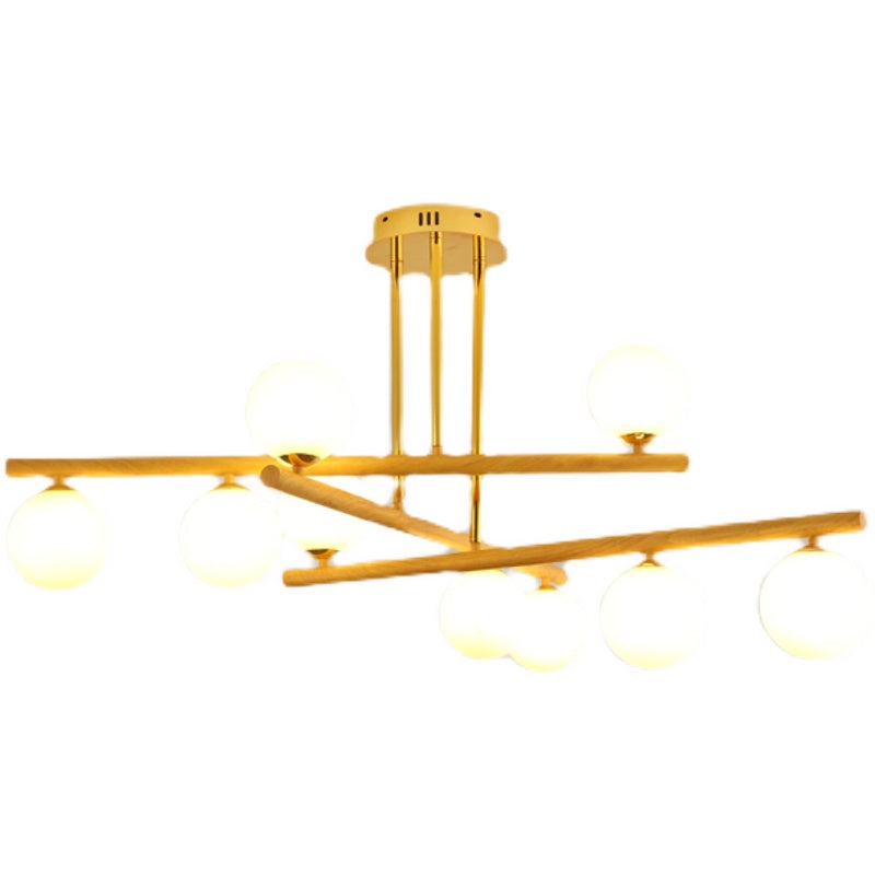 Lustre sphérique en bois avec abat-jour en verre opale pour un éclairage de chambre minimaliste