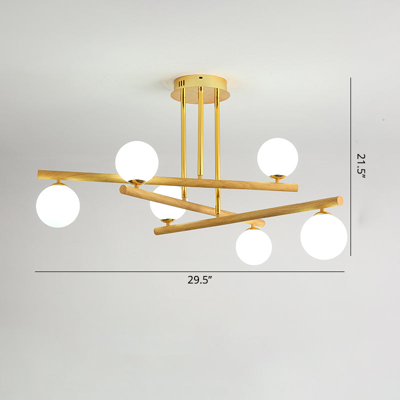 Lustre sphérique en bois avec abat-jour en verre opale pour un éclairage de chambre minimaliste